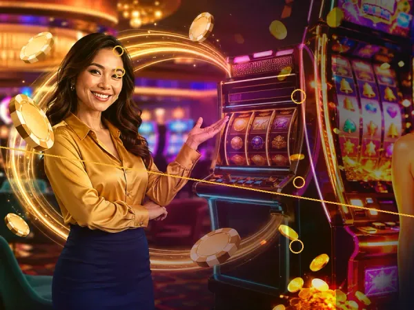 999JILI woman beside glowing illustrated slot reels