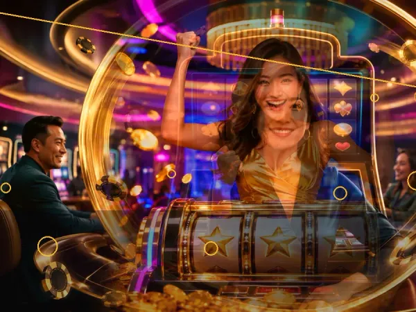 999JILI woman using a tablet in a casino-themed collage