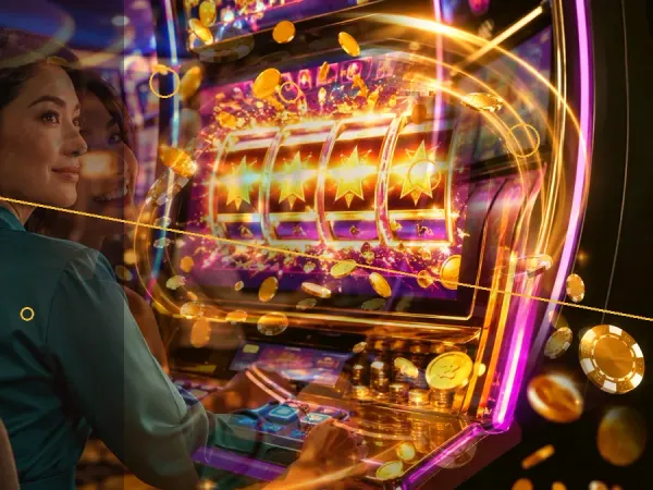 999JILI woman beside illuminated slot machines