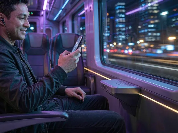 999JILI passenger using a phone beside a city window
