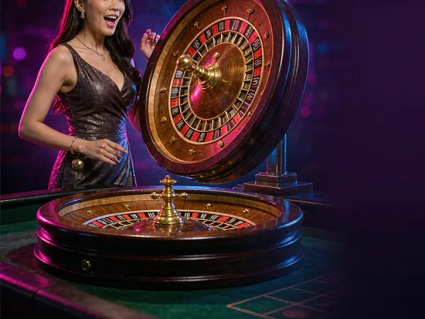 999JILI roulette wheel and dealer in a studio-style setting