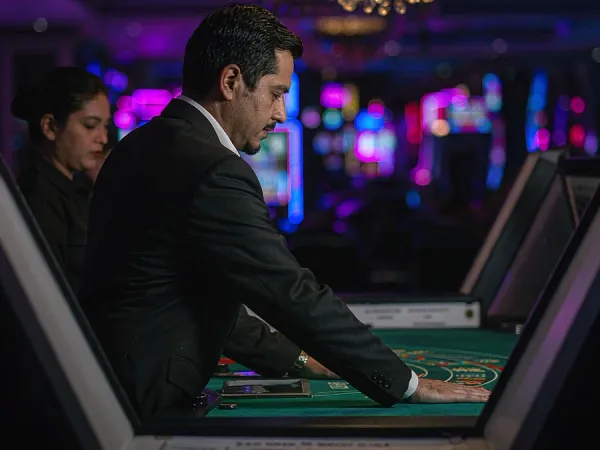 999JILI dealer standing beside a casino table 999JILI dealer standing beside a casino table