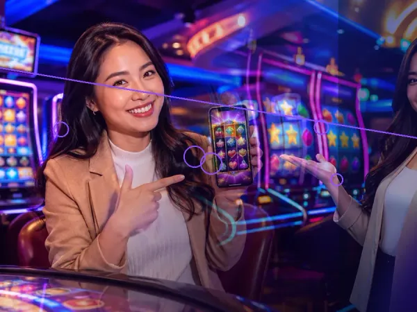 999JILI woman viewing a tablet beside illuminated slot machines