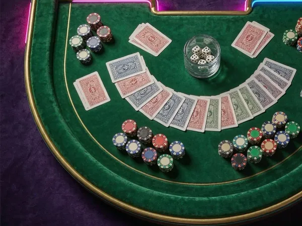 999JILI overhead view of a card table with cards and chips