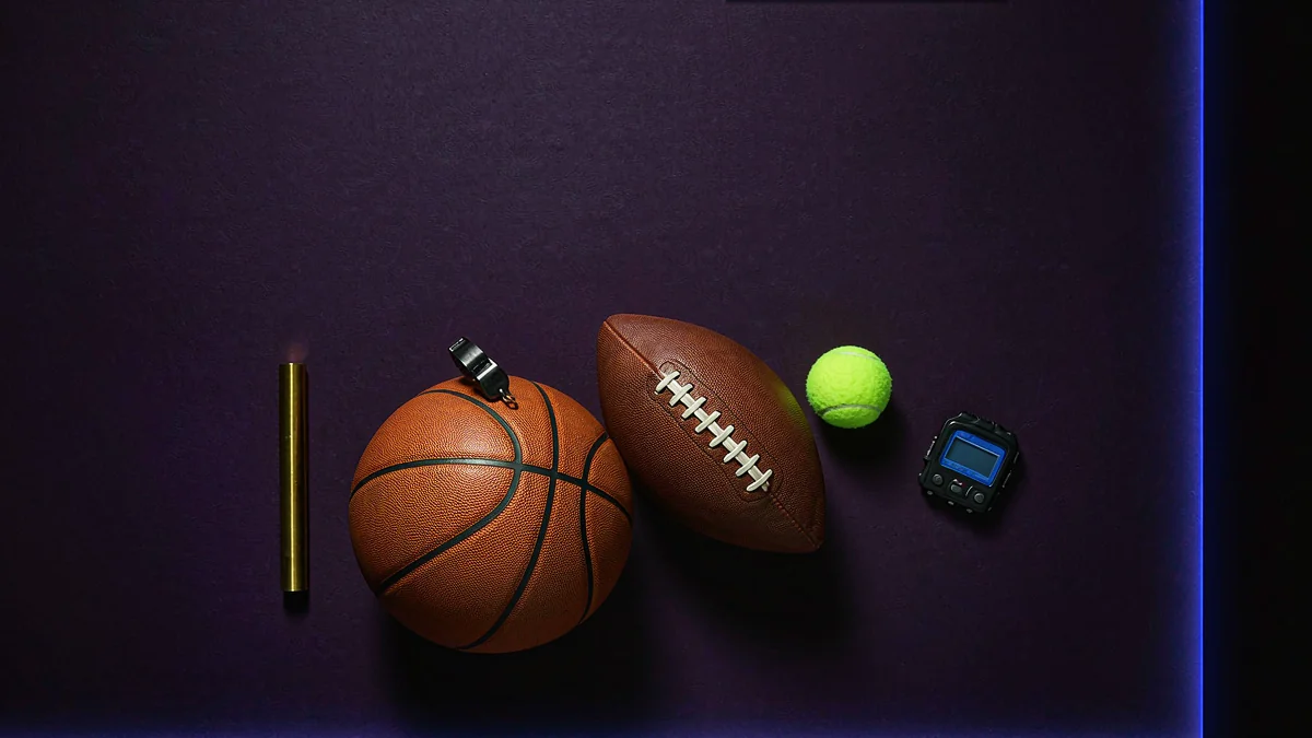 999JILI sporting equipment with basketball, American football, tennis ball and stopwatch