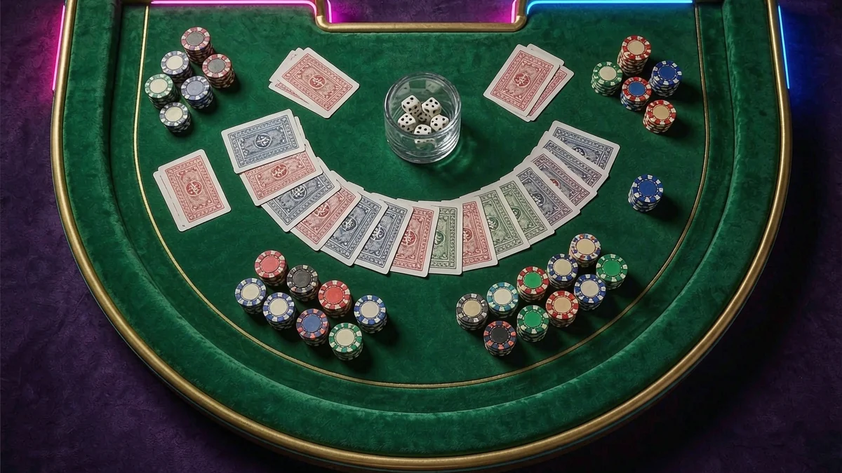 999JILI overhead view of a card table with cards and chips